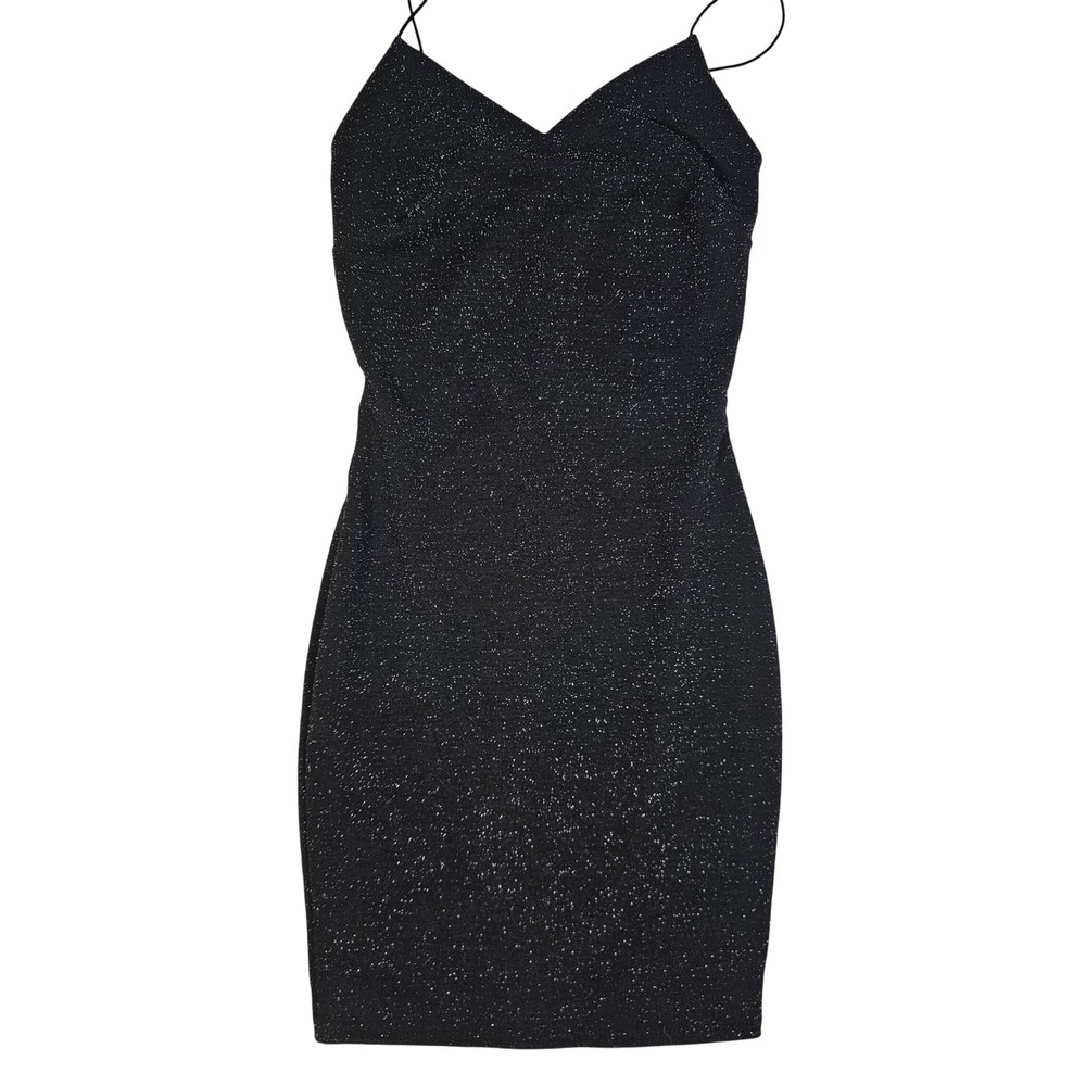 Olive Tree Black Shimmer Bodycon Mini Dress V-Neck Spaghetti Strap Metallic